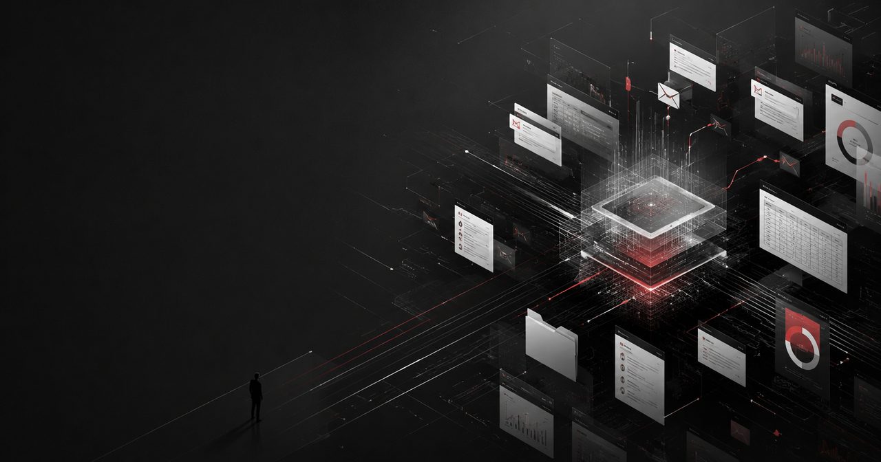 Fluxos de dashboards, mensagens, planilhas e documentos convergindo para um núcleo digital central, em uma metáfora visual sobre automação de tarefas cognitivas por setor.